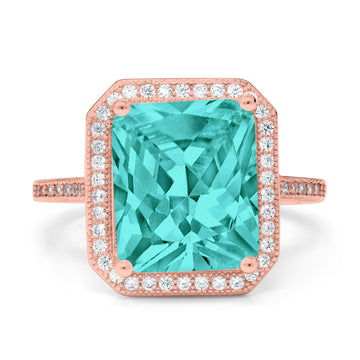 Halo Emerald Cut Engagement Ring Rose Tone, Simulated Paraiba Tourmaline CZ 925 Sterling Silver